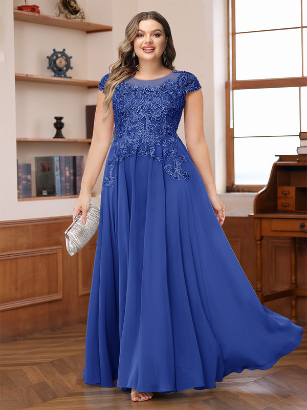 A-Line/Princess Scoop Short Sleeves Chiffon Plus Size Mother of the Bride Dresses with Applique