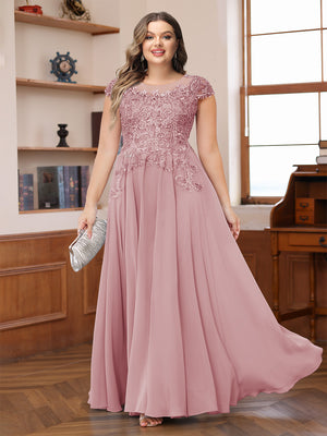 A-Line/Princess Scoop Short Sleeves Chiffon Plus Size Mother of the Bride Dresses with Applique