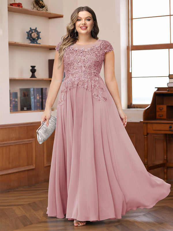 A-Line/Princess Scoop Short Sleeves Chiffon Plus Size Mother of the Bride Dresses with Applique