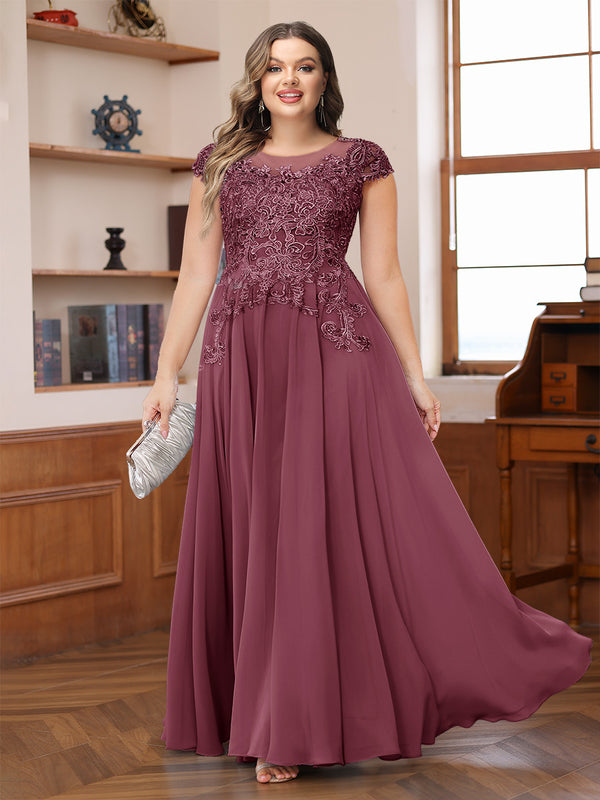 A-Line/Princess Scoop Short Sleeves Chiffon Plus Size Mother of the Bride Dresses with Applique