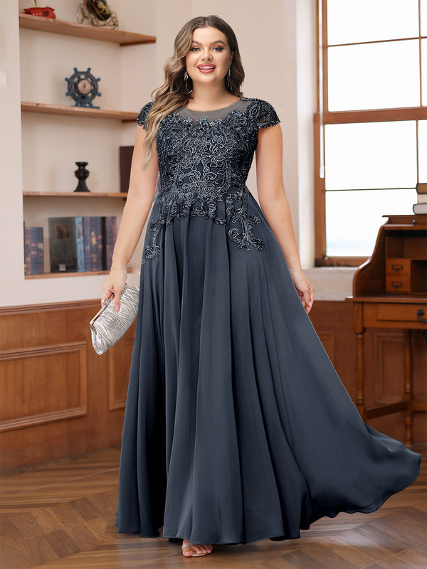 A-Line/Princess Scoop Short Sleeves Chiffon Plus Size Mother of the Bride Dresses with Applique