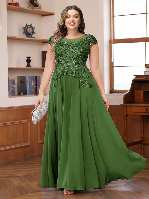 A-Line/Princess Scoop Short Sleeves Chiffon Plus Size Mother of the Bride Dresses with Applique