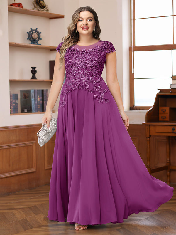 A-Line/Princess Scoop Short Sleeves Chiffon Plus Size Mother of the Bride Dresses with Applique