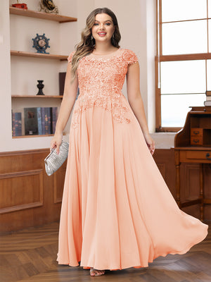 A-Line/Princess Scoop Short Sleeves Chiffon Plus Size Mother of the Bride Dresses with Applique