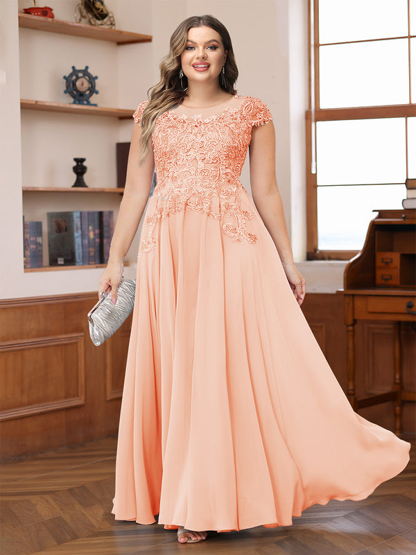 A-Line/Princess Scoop Short Sleeves Chiffon Plus Size Mother of the Bride Dresses with Applique