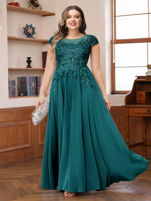 A-Line/Princess Scoop Short Sleeves Chiffon Plus Size Mother of the Bride Dresses with Applique
