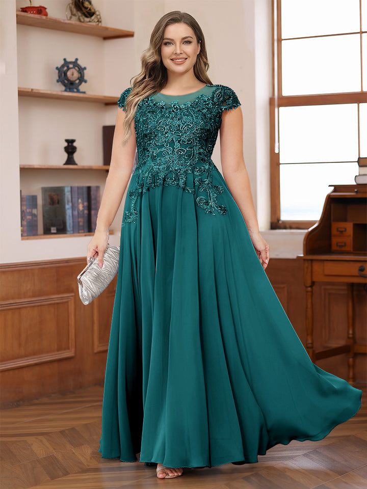 A-Line/Princess Scoop Short Sleeves Chiffon Plus Size Mother of the Bride Dresses with Applique