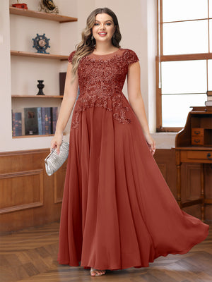 A-Line/Princess Scoop Short Sleeves Chiffon Plus Size Mother of the Bride Dresses with Applique