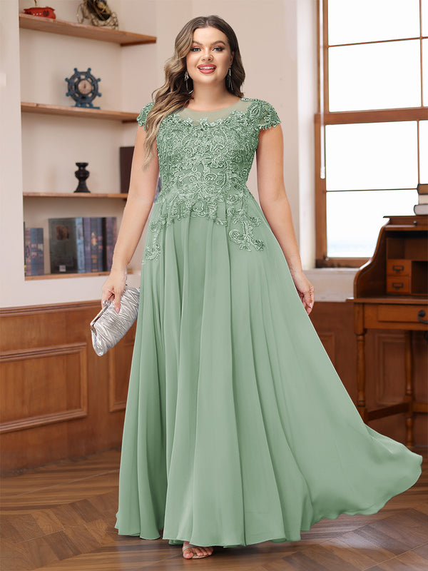 A-Line/Princess Scoop Short Sleeves Chiffon Plus Size Mother of the Bride Dresses with Applique