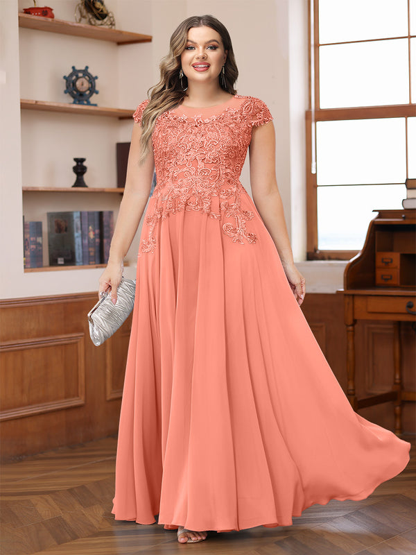 A-Line/Princess Scoop Short Sleeves Chiffon Plus Size Mother of the Bride Dresses with Applique