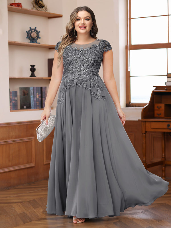A-Line/Princess Scoop Short Sleeves Chiffon Plus Size Mother of the Bride Dresses with Applique