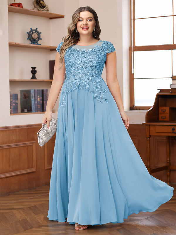 A-Line/Princess Scoop Short Sleeves Chiffon Plus Size Mother of the Bride Dresses with Applique