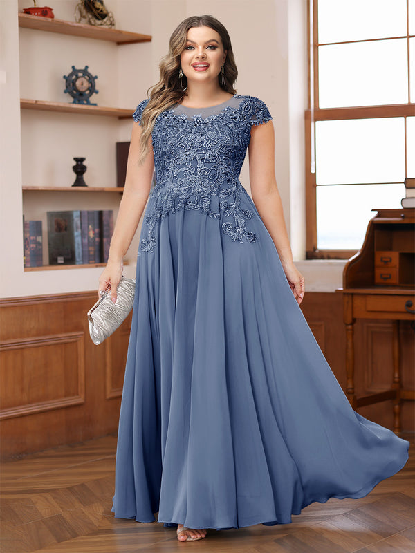 A-Line/Princess Scoop Short Sleeves Chiffon Plus Size Mother of the Bride Dresses with Applique