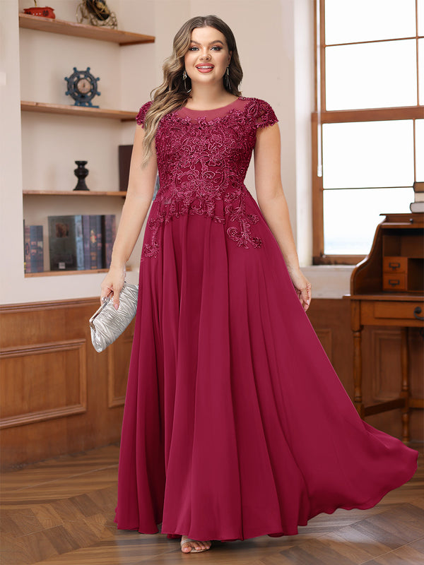 A-Line/Princess Scoop Short Sleeves Chiffon Plus Size Mother of the Bride Dresses with Applique