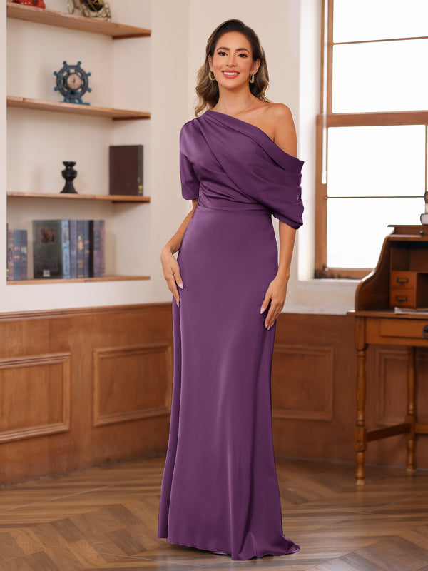 Sheath/Column One-Shoulder Short Sleeve Ruched Mother of the Bride Dresses
