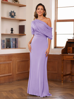 sheath column one shoulder dress Mother of the Bride Dress 2026 Champagne Silk like Satin Floor-Length