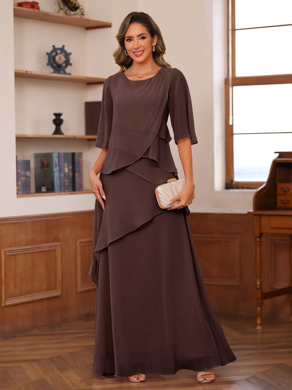 A-Line/Princess Scoop Short Sleeves Tiered Chiffon Mother of the Bride Dresses