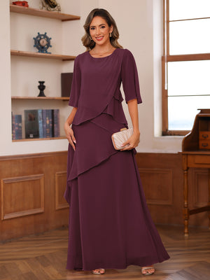 A-Line/Princess Scoop Short Sleeves Tiered Chiffon Mother of the Bride Dresses