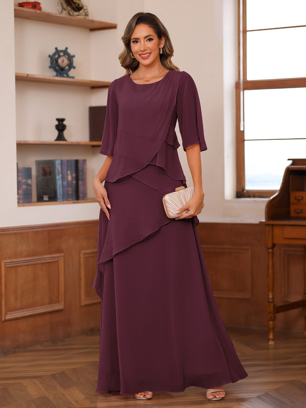 A-Line/Princess Scoop Short Sleeves Tiered Chiffon Mother of the Bride Dresses