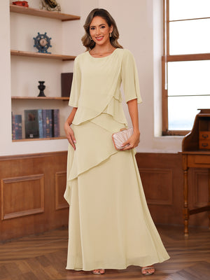 A-Line/Princess Scoop Short Sleeves Tiered Chiffon Mother of the Bride Dresses