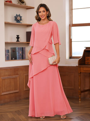 A-Line/Princess Scoop Short Sleeves Tiered Chiffon Mother of the Bride Dresses