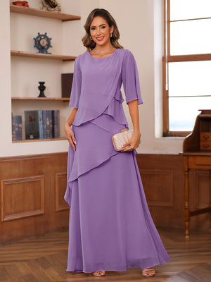 A-Line/Princess Scoop Short Sleeves Tiered Chiffon Mother of the Bride Dresses