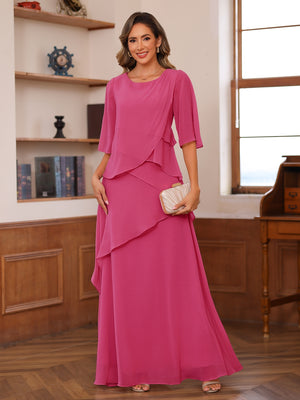 A-Line/Princess Scoop Short Sleeves Tiered Chiffon Mother of the Bride Dresses