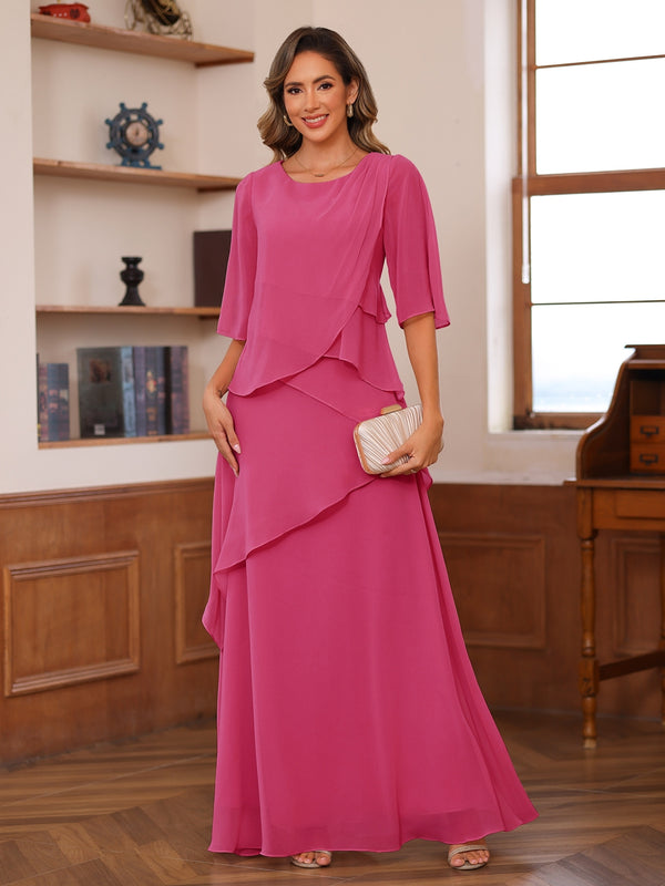 A-Line/Princess Scoop Short Sleeves Tiered Chiffon Mother of the Bride Dresses