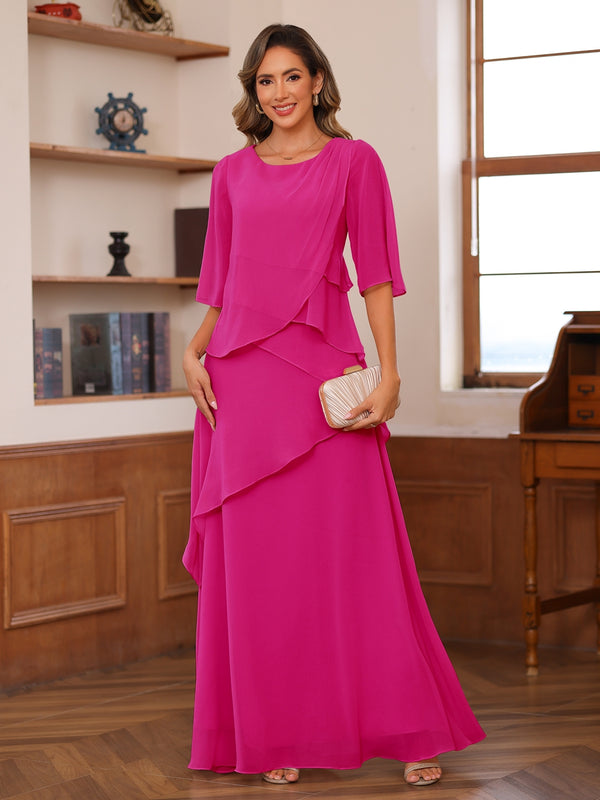 A-Line/Princess Scoop Short Sleeves Tiered Chiffon Mother of the Bride Dresses