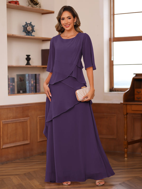 A-Line/Princess Scoop Short Sleeves Tiered Chiffon Mother of the Bride Dresses