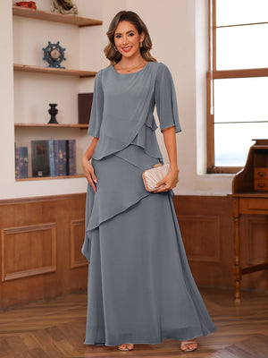 A-Line/Princess Scoop Short Sleeves Tiered Chiffon Mother of the Bride Dresses