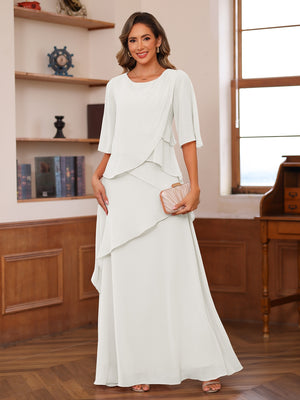 A-Line/Princess Scoop Short Sleeves Tiered Chiffon Mother of the Bride Dresses