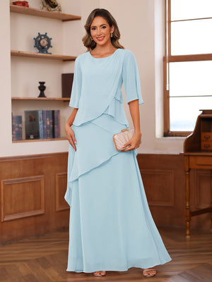 A-Line/Princess Scoop Short Sleeves Tiered Chiffon Mother of the Bride Dresses