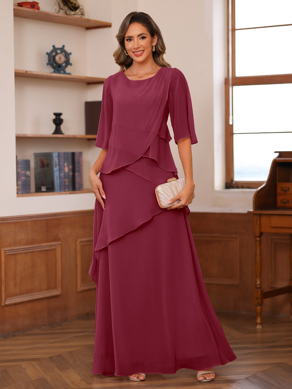 A-Line/Princess Scoop Short Sleeves Tiered Chiffon Mother of the Bride Dresses