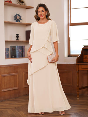A-Line/Princess Scoop Short Sleeves Tiered Chiffon Mother of the Bride Dresses