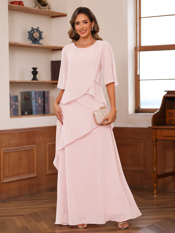 A-Line/Princess Scoop Short Sleeves Tiered Chiffon Mother of the Bride Dresses