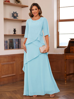 A-Line/Princess Scoop Short Sleeves Tiered Chiffon Mother of the Bride Dresses