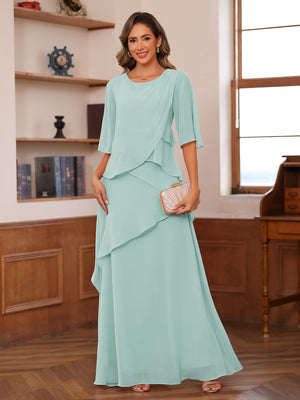a line princess scoop dress A-Line/Princess Scoop Printed Satin Mother of the Bride Dresses with Bowknot Asymmetrical Ankle-Length Short Sleeves, Pink