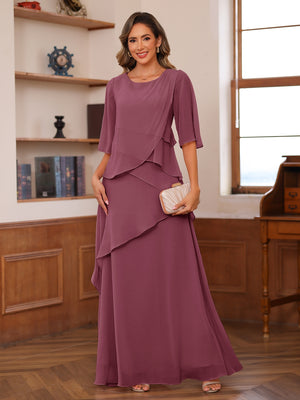 A-Line/Princess Scoop Short Sleeves Tiered Chiffon Mother of the Bride Dresses