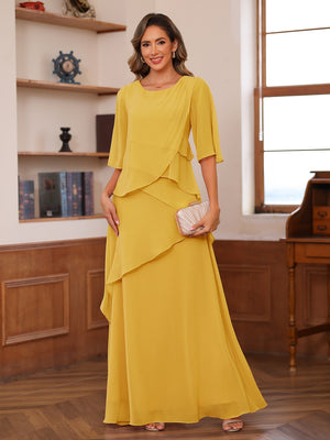 yellow dress for mother of the bride Lavetir Gold A-Line/Princess Scoop Short Sleeves Tiered Chiffon Mother of the Bride Dresses 2026