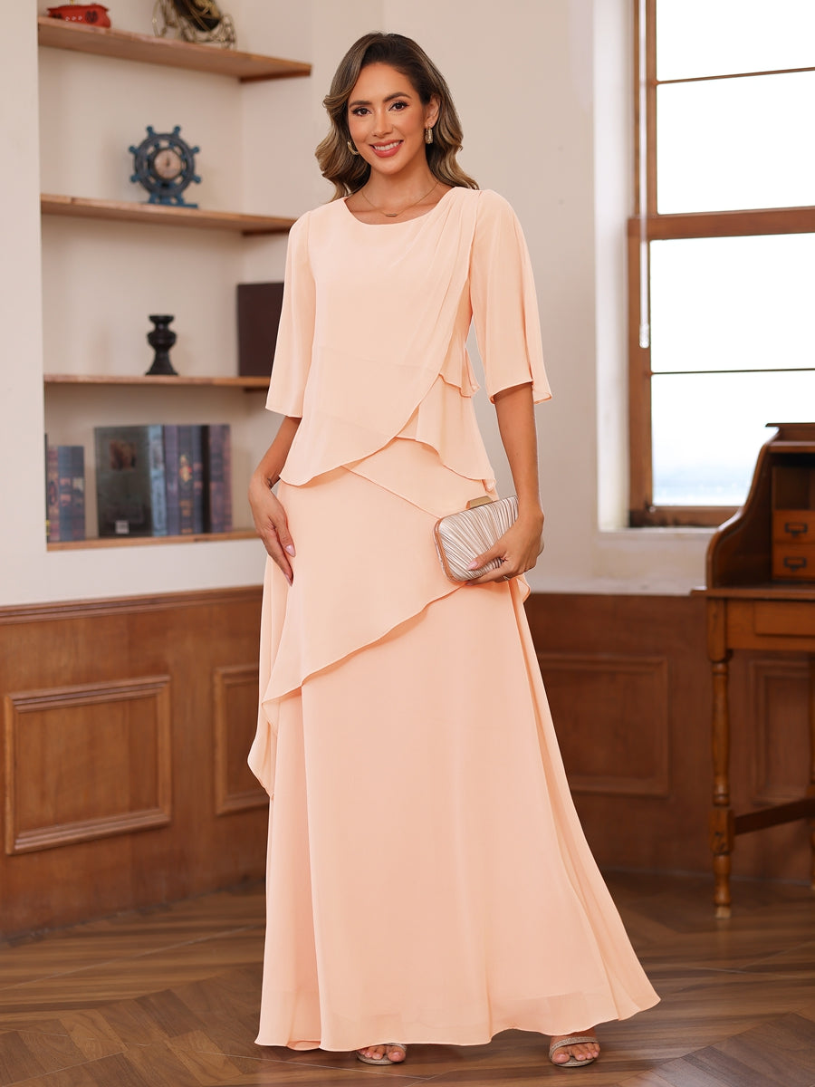 Lavetir Silver Gray A-Line/Princess Scoop Short Sleeves Tiered Chiffon Mother of the Bride Dresses 2026