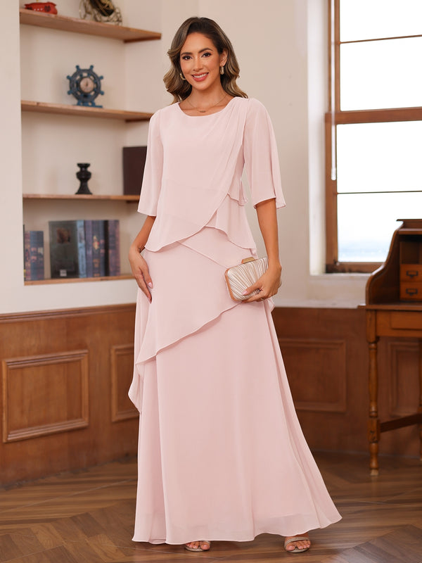 A-Line/Princess Scoop Short Sleeves Tiered Chiffon Mother of the Bride Dresses