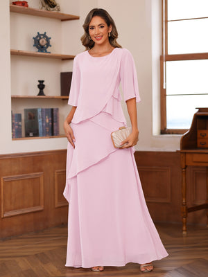 A-Line/Princess Scoop Short Sleeves Tiered Chiffon Mother of the Bride Dresses