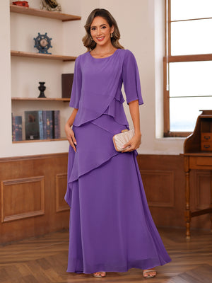 A-Line/Princess Scoop Short Sleeves Tiered Chiffon Mother of the Bride Dresses