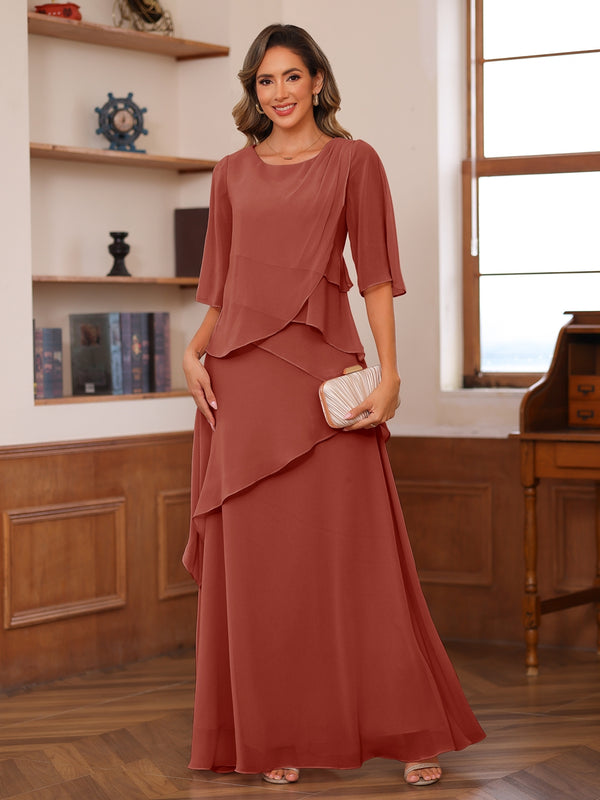 A-Line/Princess Scoop Short Sleeves Tiered Chiffon Mother of the Bride Dresses