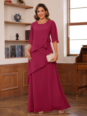 A-Line/Princess Scoop Short Sleeves Tiered Chiffon Mother of the Bride Dresses
