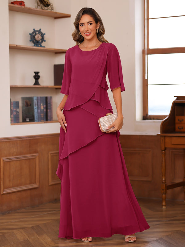 A-Line/Princess Scoop Short Sleeves Tiered Chiffon Mother of the Bride Dresses