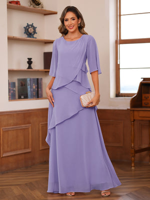 tiered chiffon mother of the bride dresses Plus Womens' Lace & Chiffon Mother-of-the-Bride Dress: Flowing Beach Wedding Gown with Mid-Sleeve Detailing & Dramatic Skirt