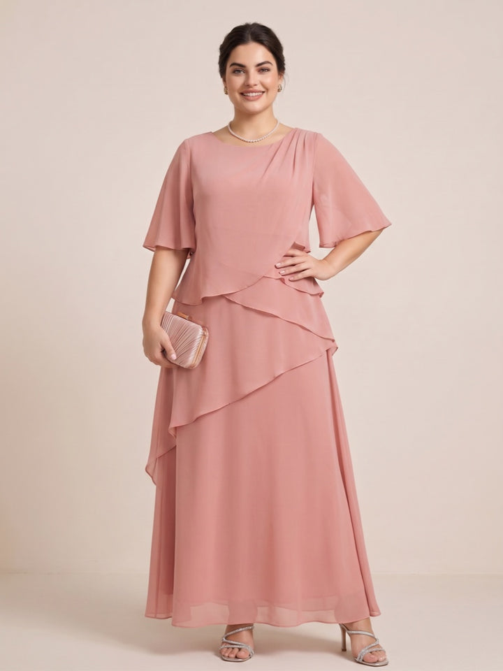 A-Line/Princess Scoop Short Sleeves Tiered Chiffon  Plus Size Mother of the Bride Dresses