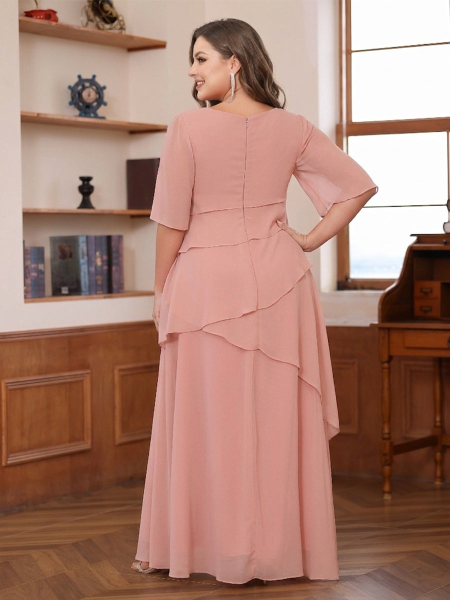 A-Line/Princess Scoop Short Sleeves Tiered Chiffon  Plus Size Mother of the Bride Dresses